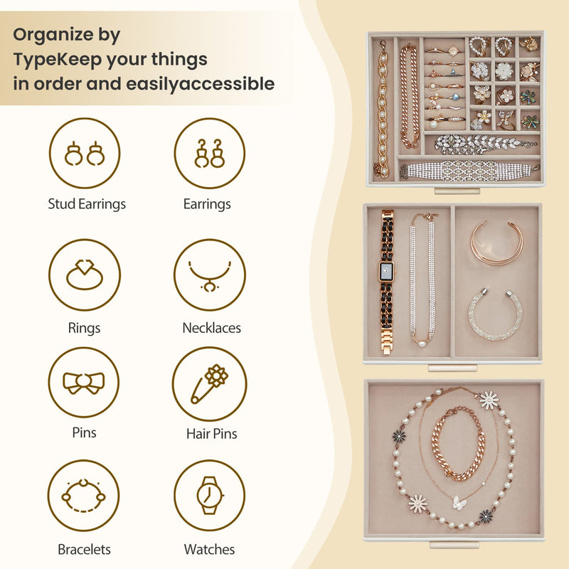 3 Layer Jewellery Box with Glass Lid and Drawers for Organising Accessories by Songmics