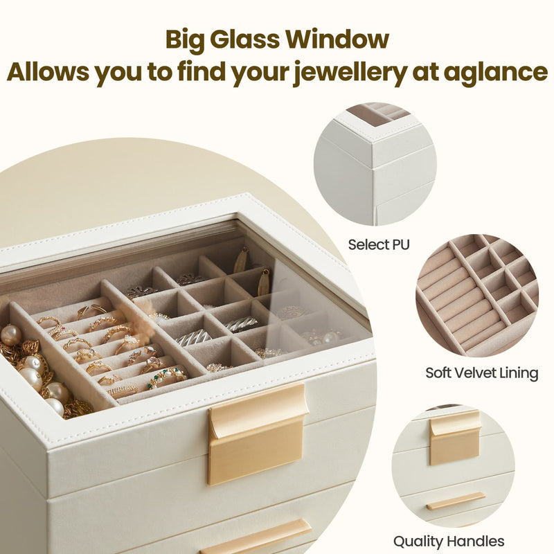 3 Layer Jewellery Box with Glass Lid and Drawers for Organising Accessories by Songmics