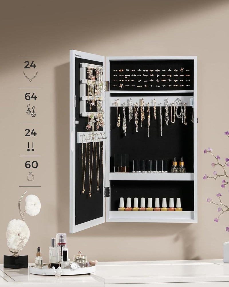 White Wall Mounted Jewellery Cabinet with Mirror Lockable Armoire Storage by Songmics