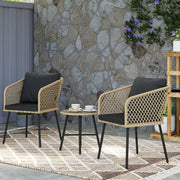 3 Piece Rattan Bistro Set with Cushions Glass Table and Wooden Finish Chairs by Outsunny