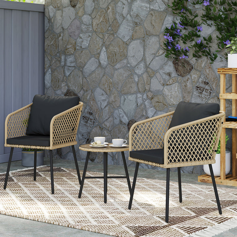 3 Piece Rattan Bistro Set with Cushions Glass Table and Wooden Finish Chairs by Outsunny