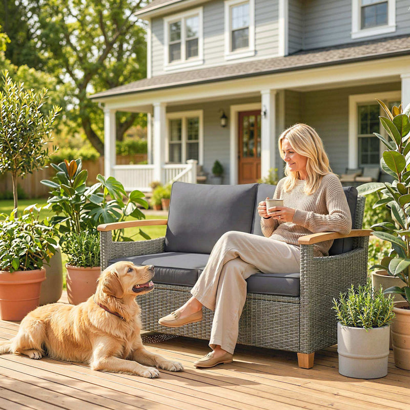 2 Seater Garden Rattan Sofa with Thick Cushions and Supportive Armrests for Outdoor Relaxing Dark Grey Outsunny