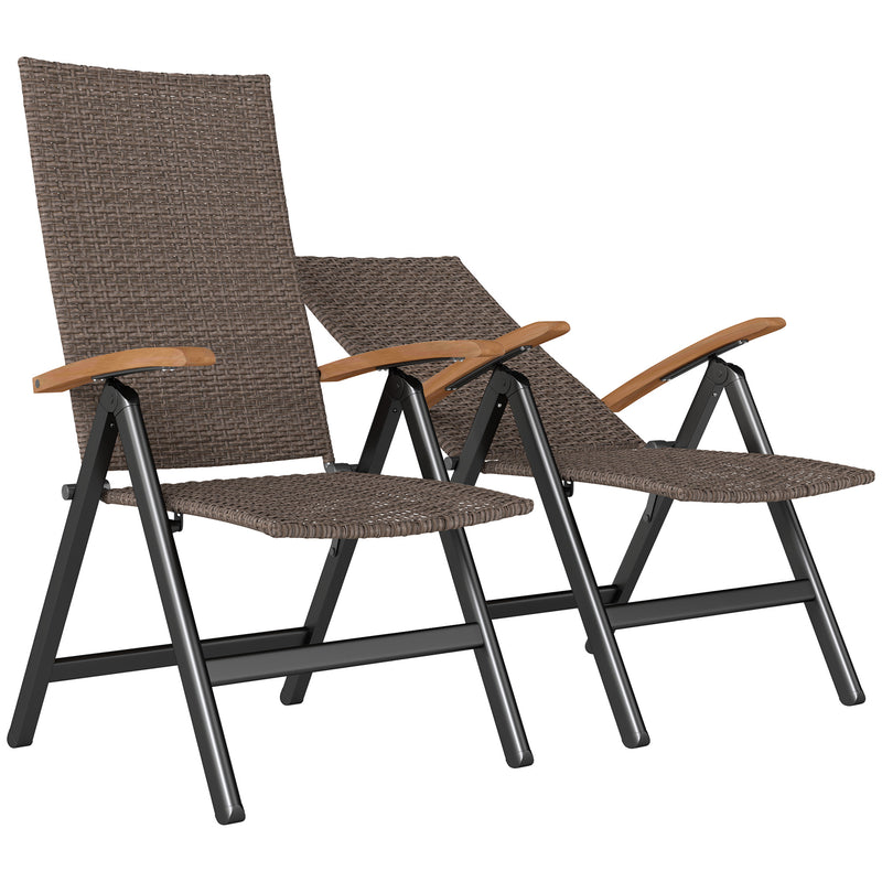 2 Piece Foldable Outdoor Dining Chairs with Armrests and High Backrest for Garden and Camping Brown Rattan by Outsunny