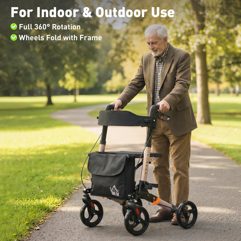 HOMCOM Rollator Walker with Seat with Carry Bag, Adjustable Height, Cane Holder for Seniors and Disabled, Gold Tone