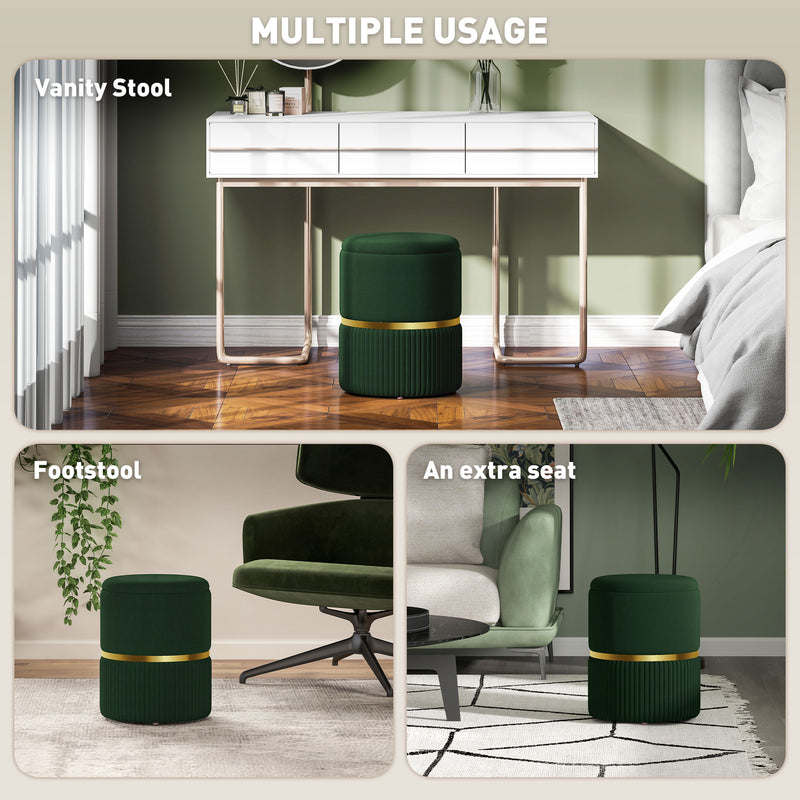 Green Velvet Feel Round Storage Ottoman with Padded Seat by HOMCOM