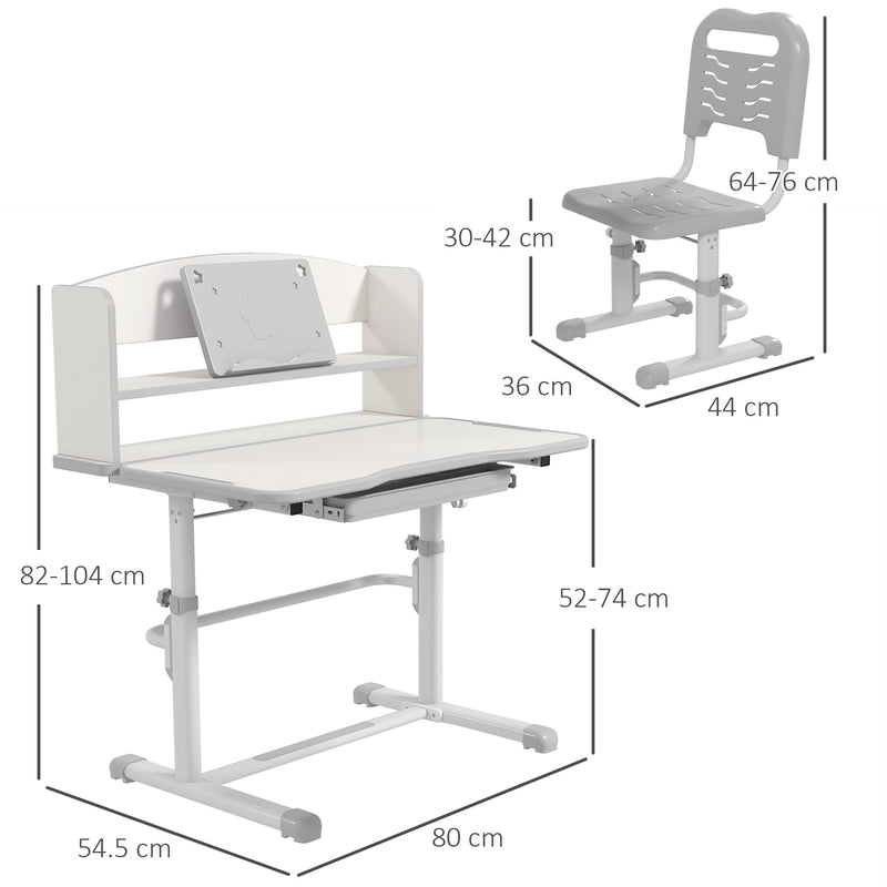 Height Adjustable Kids Study Desk and Chair Set With Storage for Homework Time, Grey