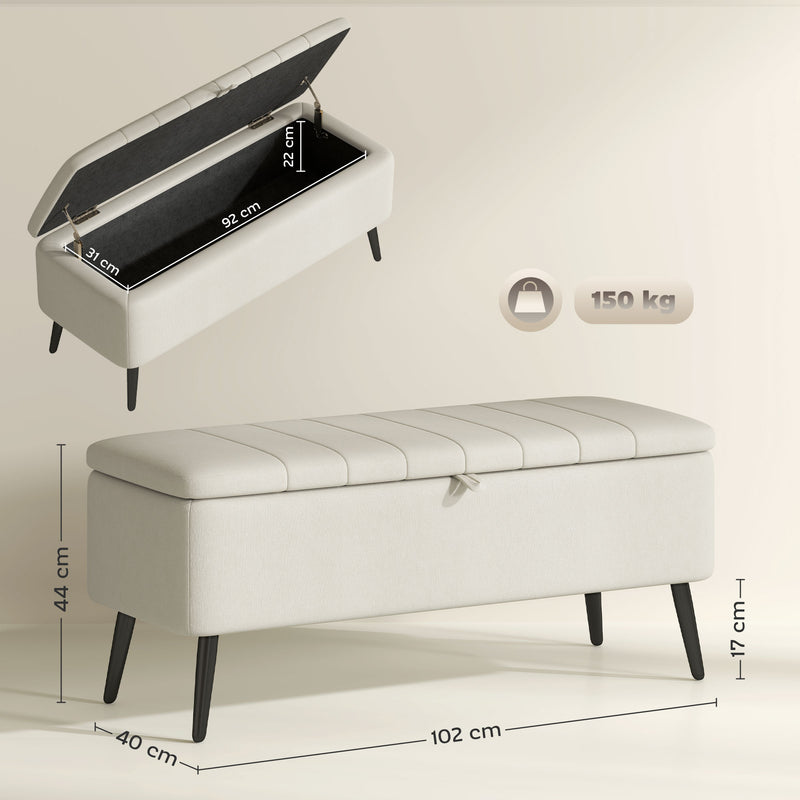 Cream White Linen Look Storage Ottoman Bench 92 x 31cm by HOMCOM