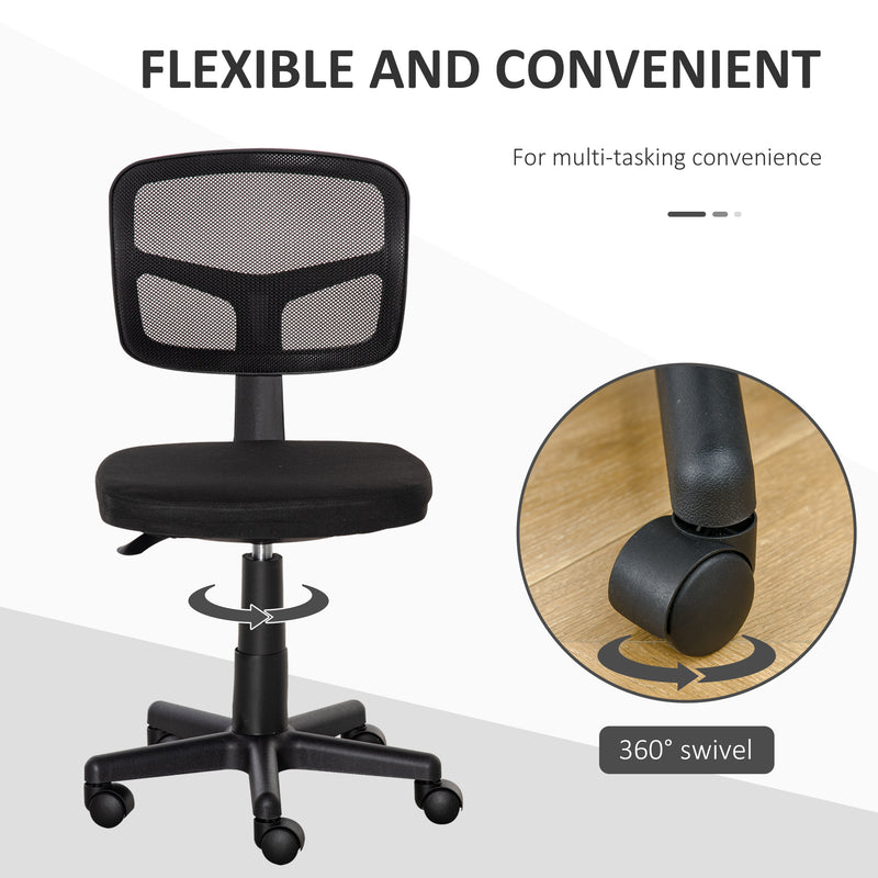 Ergonomic Swivel Mesh Office Chair Without Arms Height Adjustable With Wheels, Black