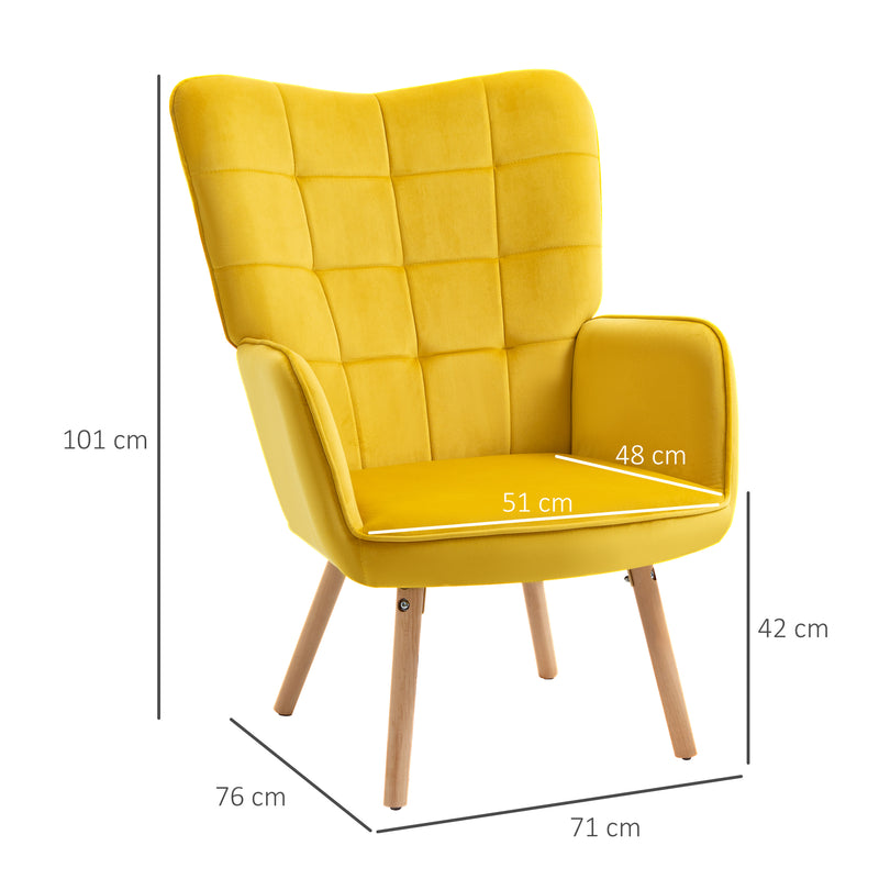 Yellow Velvet Wingback Accent Chair with Tufted Upholstery for Lounge or Bedroom Comfort