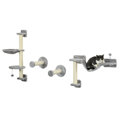 Four Piece Cat Wall Furniture Set With Hammock Ladder and Scratch Post Grey