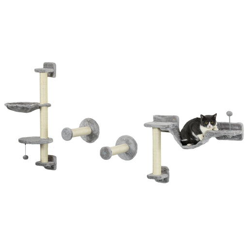 Four Piece Cat Wall Furniture Set With Hammock Ladder and Scratch Post Grey