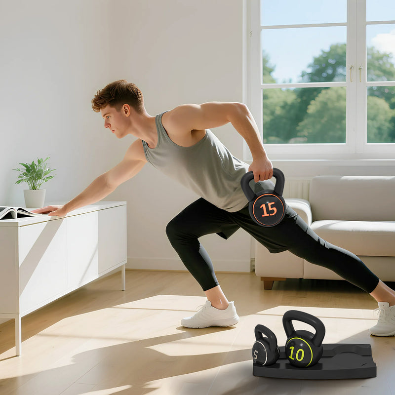 Three Piece Kettlebell Weight Set With Storage Tray For Home Fitness Training Grey AOSOM
