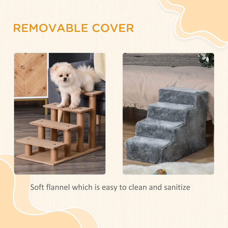 Four Step Pet Stairs with Washable Plush Cover for Small Dogs and Cats Light Grey AOSOM