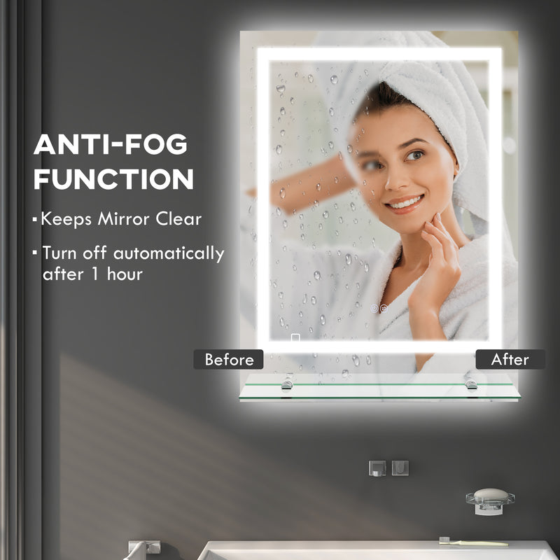 Large LED Bathroom Vanity Mirror with Shelf Smart Touch Anti Fog and 3 Light Settings White