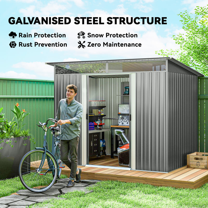 Large Metal Garden Storage Shed with Double Sliding Doors and Window for Tool Storage, Light Grey