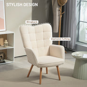 Cream Upholstered Wingback Armchair with Tufted Back and Wooden Legs for Lounge or Bedroom