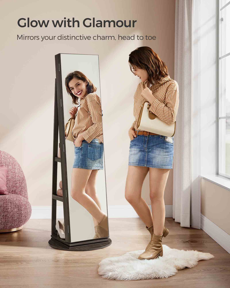 LED Mirror Jewellery Cabinet with 6 Lights in Ash Brown and Ink Black Finish by Songmics