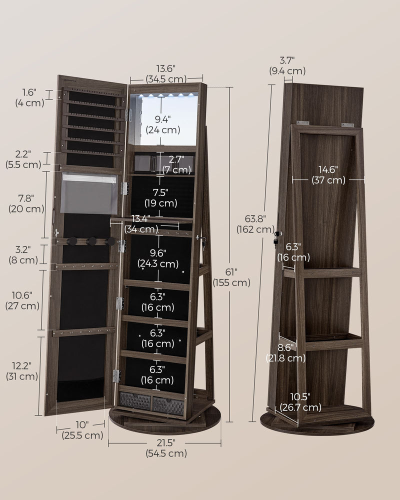 LED Mirror Jewellery Cabinet with 6 Lights in Ash Brown and Ink Black Finish by Songmics