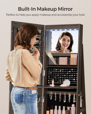 LED Mirror Jewellery Cabinet with 6 Lights in Ash Brown and Ink Black Finish by Songmics