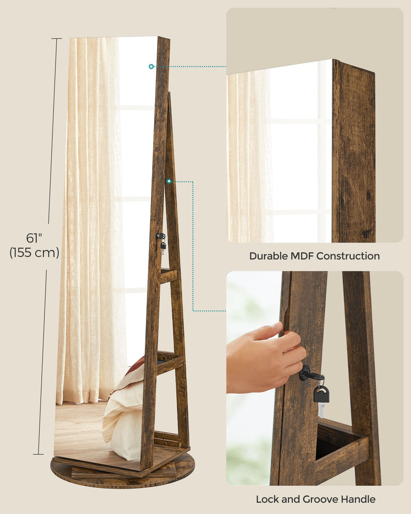 Rotating LED Mirror Jewellery Cabinet with Storage and Organiser Shelves by Songmics