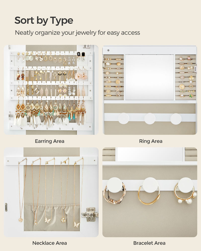 LED Jewellery Cabinet with Mirror Wall or Door Mounted with Storage Shelves by Songmics