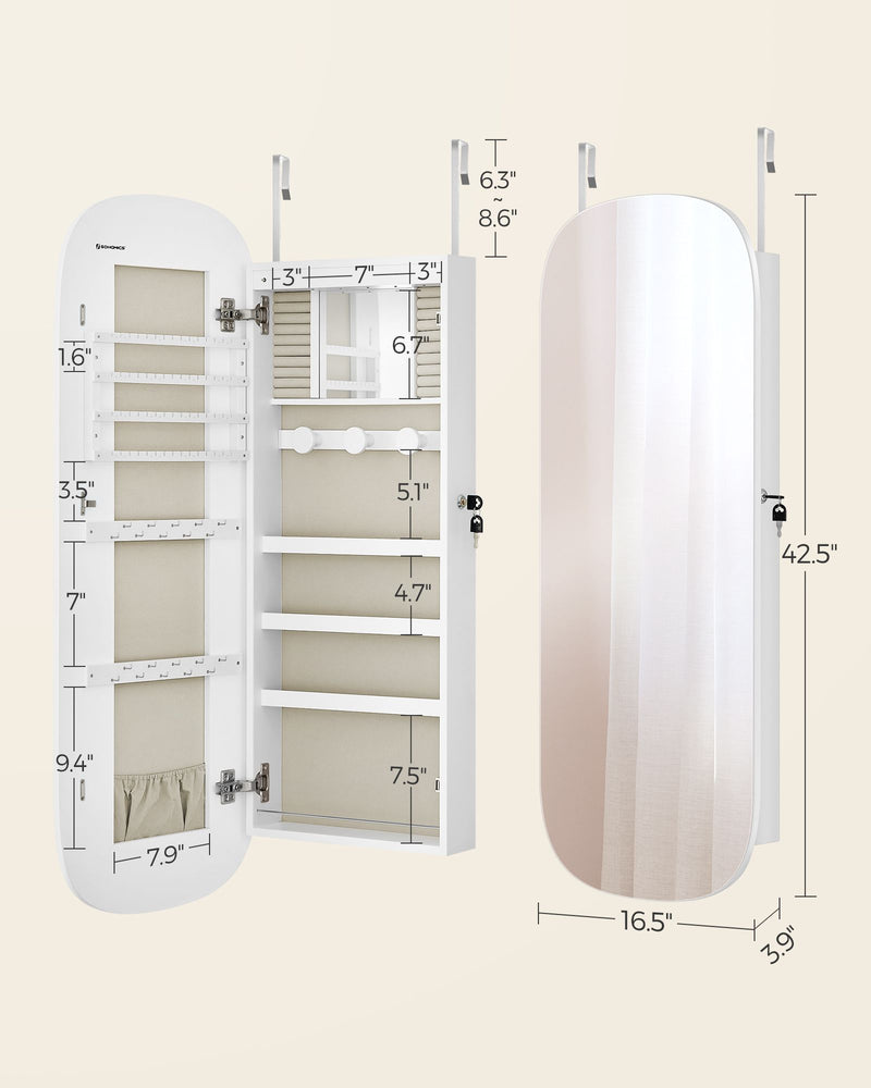 LED Jewellery Cabinet with Mirror Wall or Door Mounted with Storage Shelves by Songmics