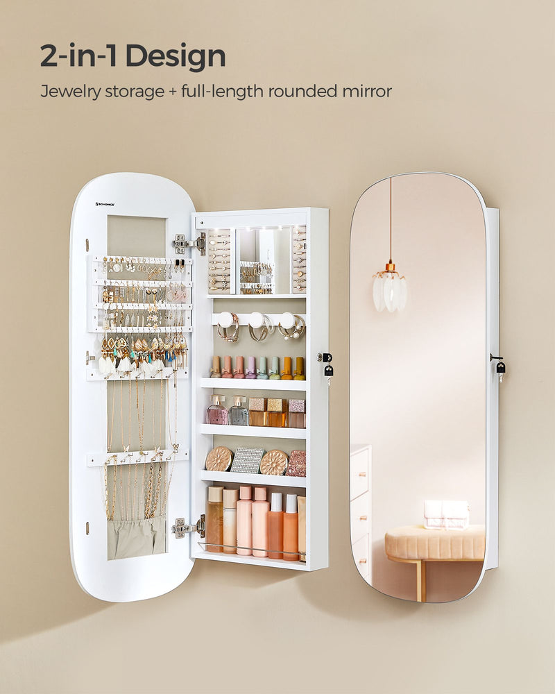 LED Jewellery Cabinet with Mirror Wall or Door Mounted with Storage Shelves by Songmics