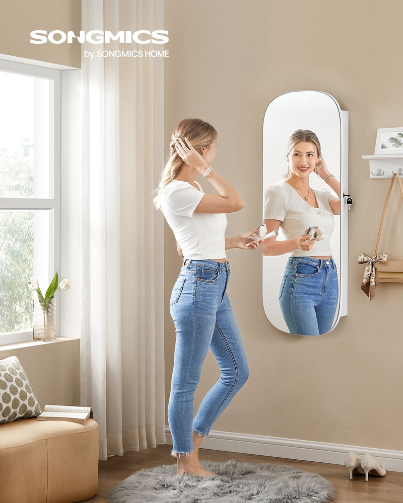 LED Jewellery Cabinet with Mirror Wall or Door Mounted with Storage Shelves by Songmics