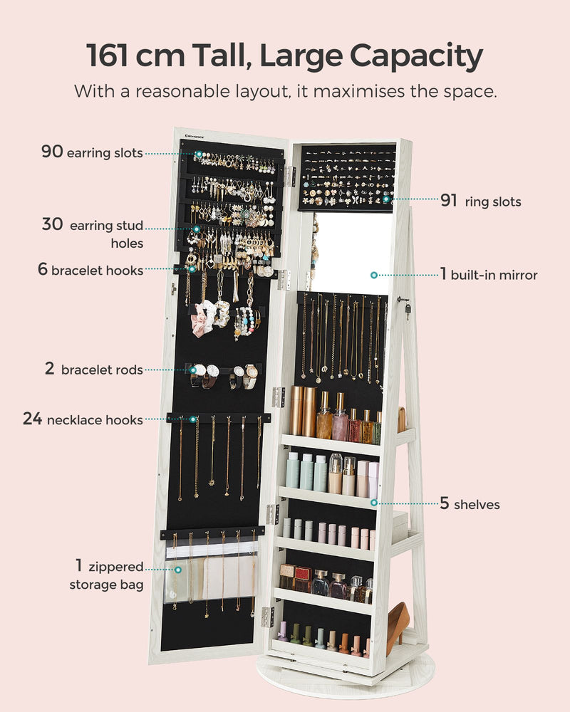 Rotatable Freestanding Jewellery Armoire with Mirror and Storage Shelves by Songmics