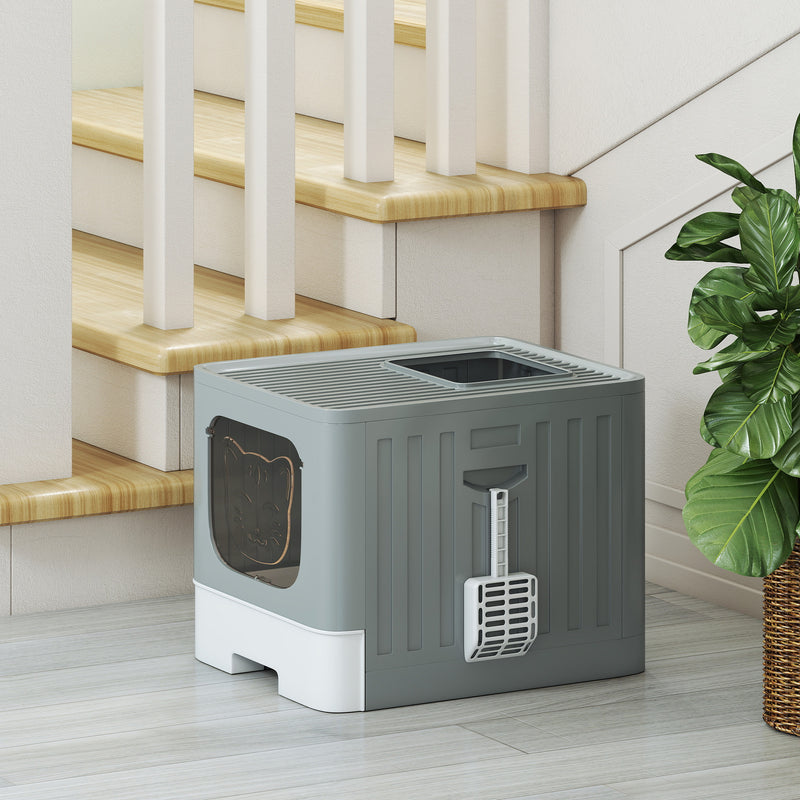 Foldable Cat Litter Box with Lid Drawer and Scoop for Easy Cleaning and Odour Control Grey AOSOM