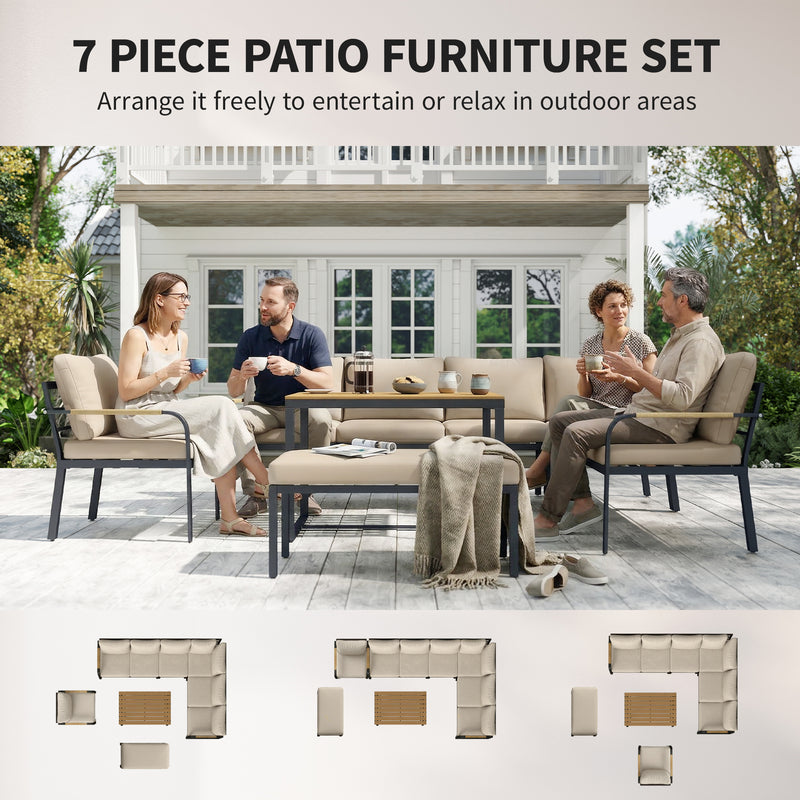 7 Piece Garden Furniture Set for Outdoor Relaxing with Cushions, Khaki & Dark Grey