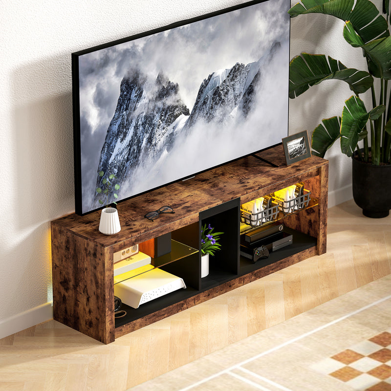 LED TV Stand Cabinet With Remote Control And Storage For TVs Up To 65 Inches Rustic Brown