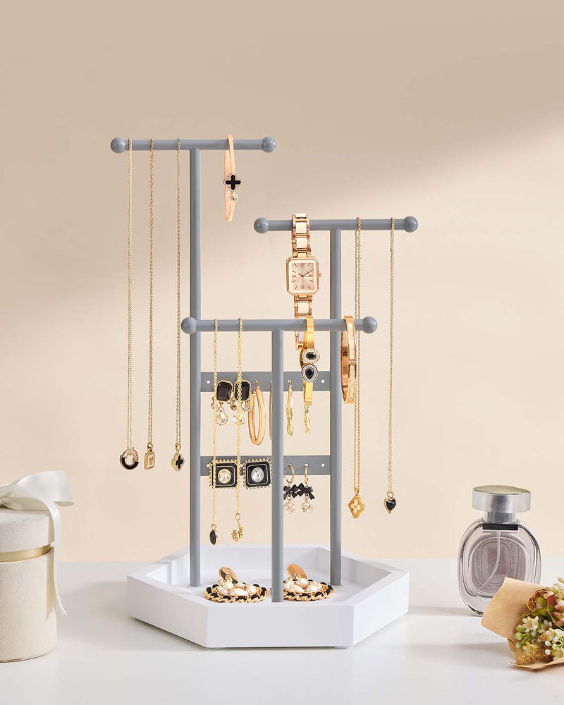 3 Tier Jewellery Stand with Tray Metal Frame in Dove Grey and Cloud White by Songmics