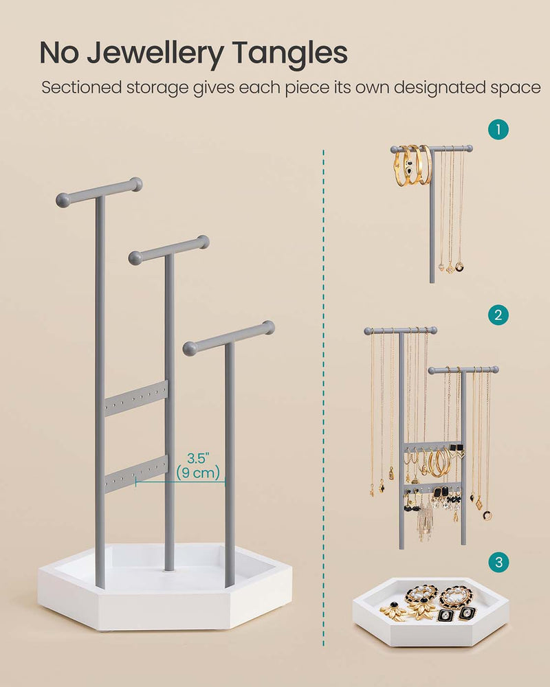3 Tier Jewellery Stand with Tray Metal Frame in Dove Grey and Cloud White by Songmics