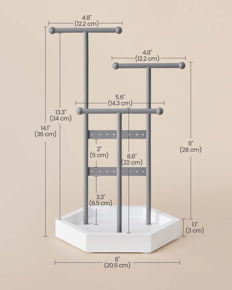 3 Tier Jewellery Stand with Tray Metal Frame in Dove Grey and Cloud White by Songmics