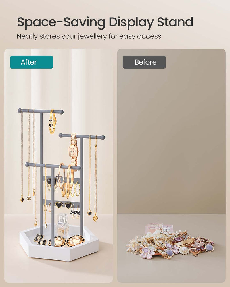 3 Tier Jewellery Stand with Tray Metal Frame in Dove Grey and Cloud White by Songmics
