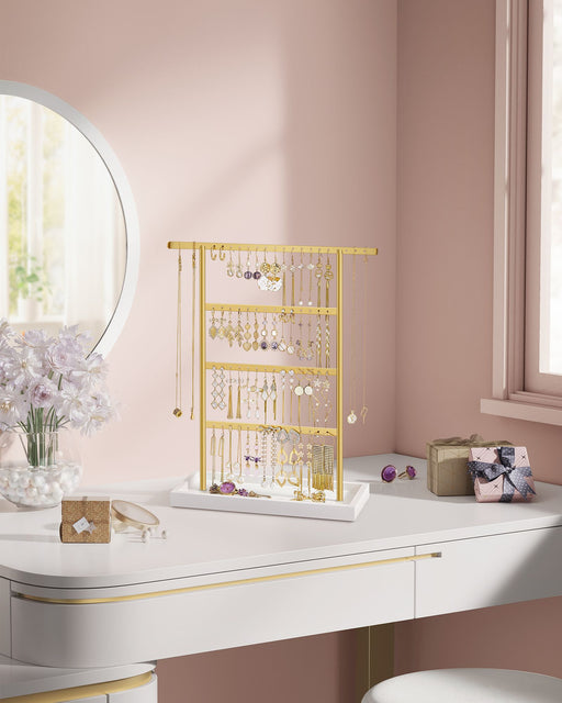 4 Tier White and Gold Jewellery Stand with Storage Tray for Dressing Table by Songmics
