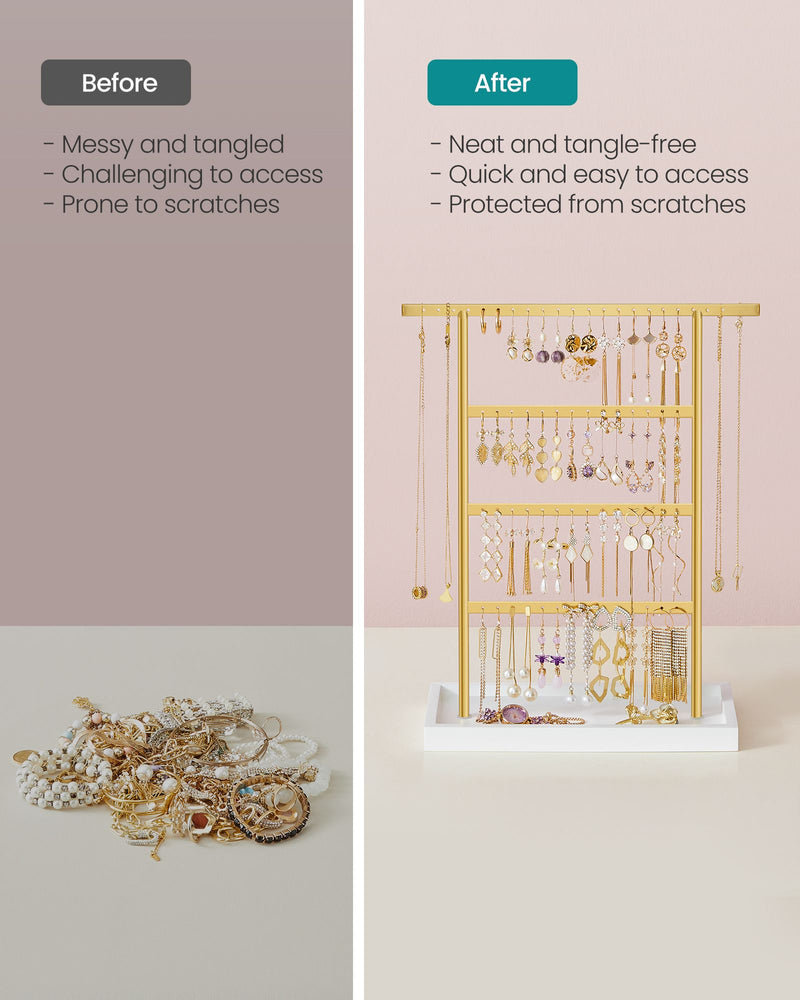 4 Tier White and Gold Jewellery Stand with Storage Tray for Dressing Table by Songmics