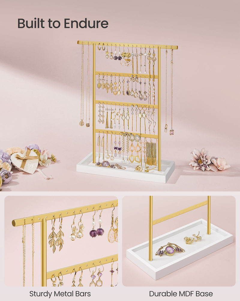 4 Tier White and Gold Jewellery Stand with Storage Tray for Dressing Table by Songmics