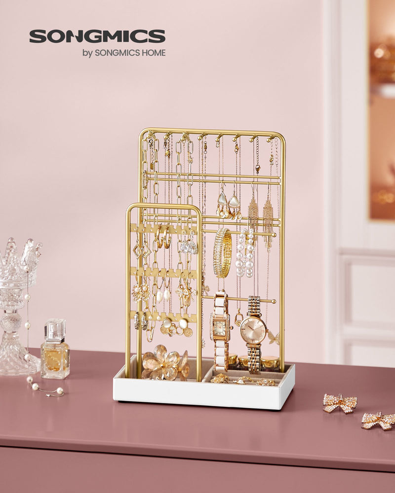 Gold Metal Jewellery Display Stand with Velvet Organiser Tray for Dressing Table by Songmics