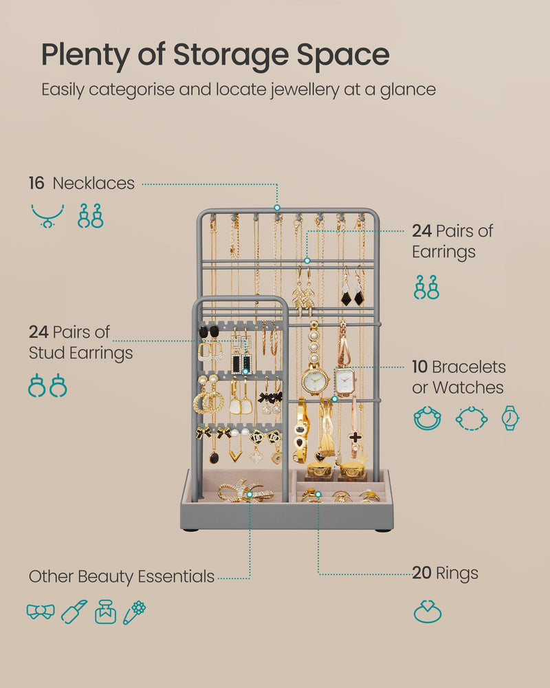 Dove Grey Jewellery Display Stand with Metal Frame for Organising Accessories by Songmics