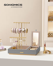 Dove Grey and Gold Metal Jewellery Stand with Mirror for Dressing Table by Songmics