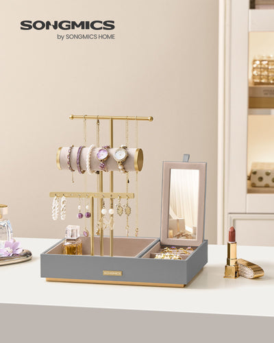 Dove Grey and Gold Metal Jewellery Stand with Mirror for Dressing Table by Songmics