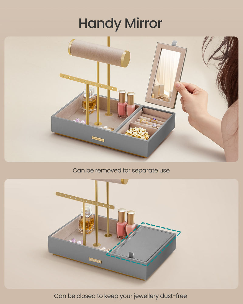 Dove Grey and Gold Metal Jewellery Stand with Mirror for Dressing Table by Songmics