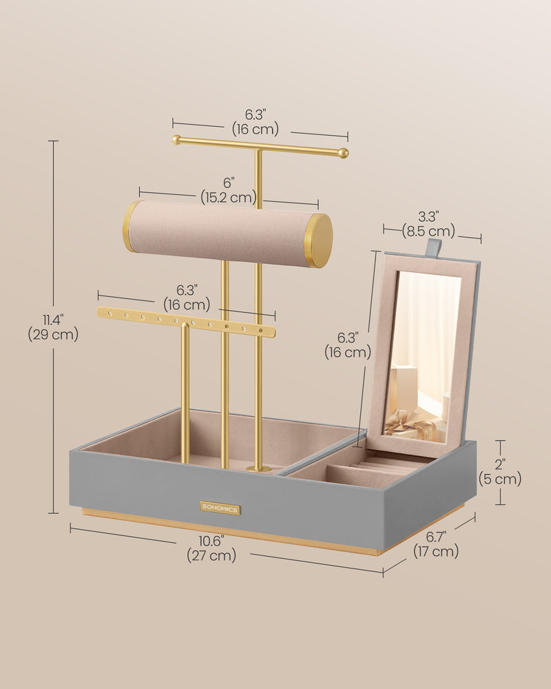 Dove Grey and Gold Metal Jewellery Stand with Mirror for Dressing Table by Songmics