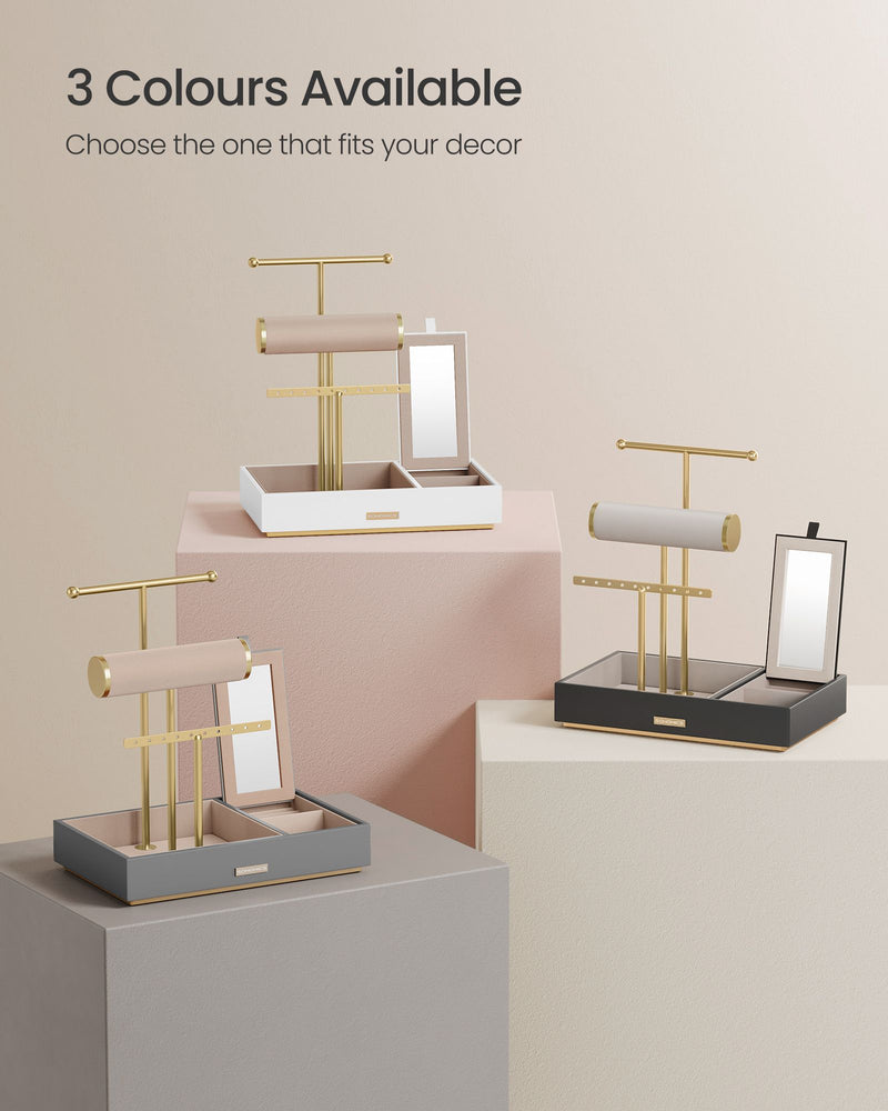 Dove Grey and Gold Metal Jewellery Stand with Mirror for Dressing Table by Songmics