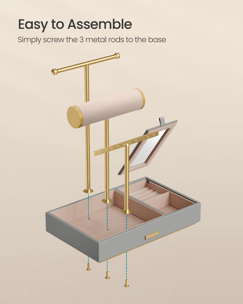 Dove Grey and Gold Metal Jewellery Stand with Mirror for Dressing Table by Songmics