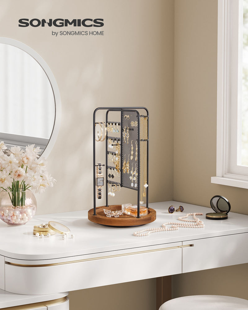Rotating Black Jewellery Stand with Bottom Storage Tray for Organising Accessories by Songmics