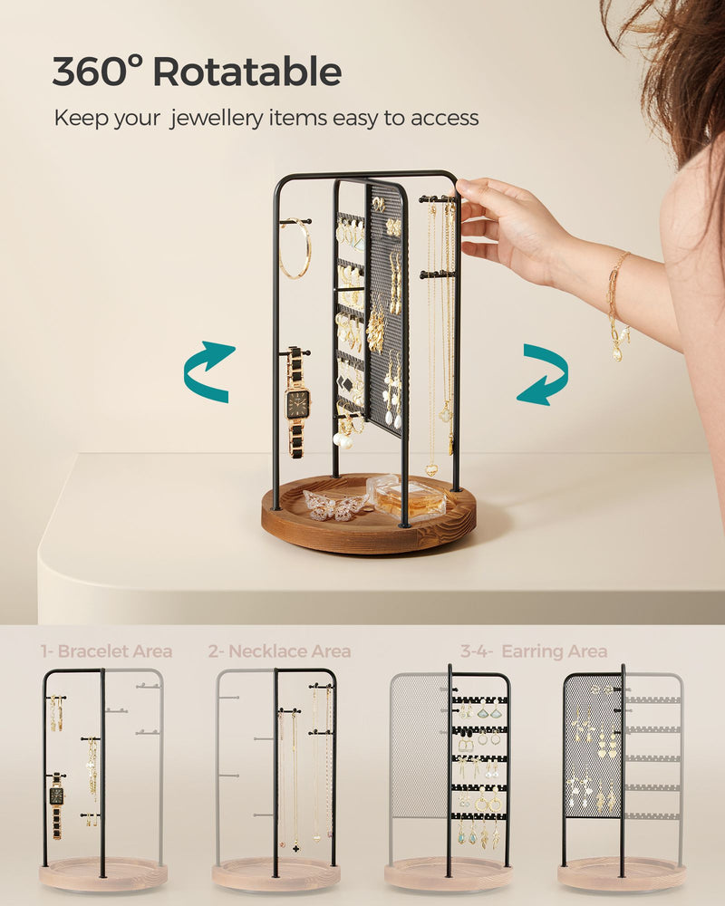 Rotating Black Jewellery Stand with Bottom Storage Tray for Organising Accessories by Songmics