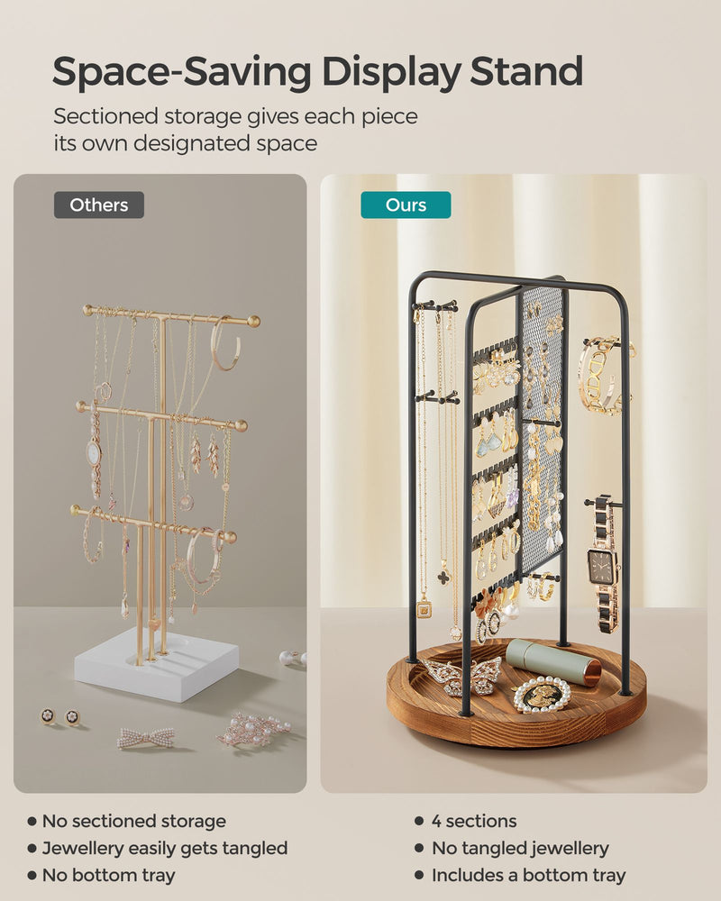 Rotating Black Jewellery Stand with Bottom Storage Tray for Organising Accessories by Songmics